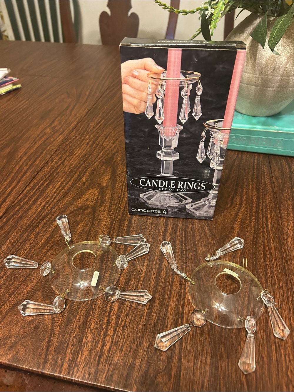 Vintage Concepts 4 set of two candle rings with prisms in original box.